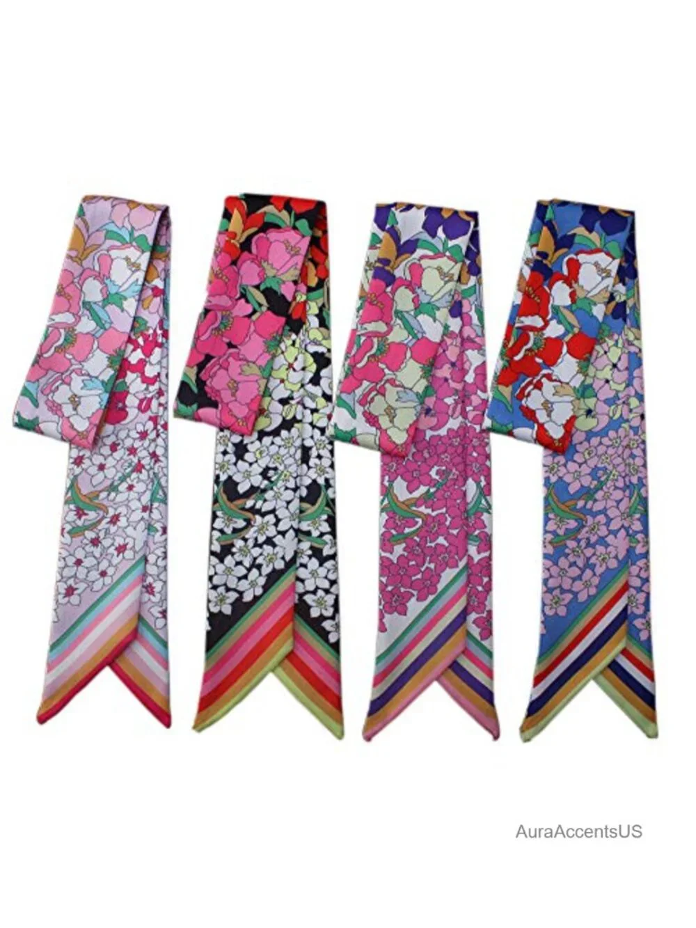 4-Pack Imitated Silk Floral Scarf Set - Bag Handle Wrap, Hair Band, Neck Scarf